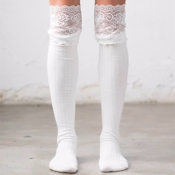 Lace Topped Knee Socks White Boot Over the Knee - Picture 2 of 4